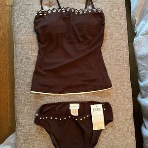 Brown Tankini Set with White Accents